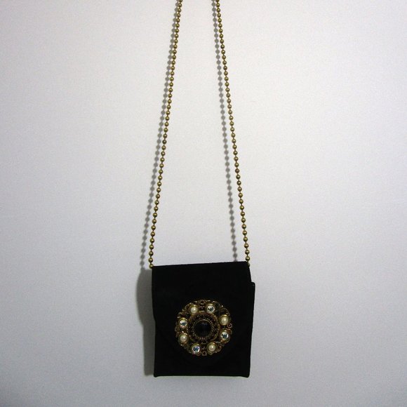 Jeweled Black Suede Box Crossbody Purse Shoulder Bag Gold Chain 80s - Picture 4 of 10